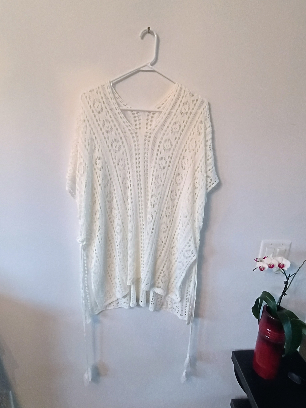 Ivory Crochet Poncho Top Oversized Boho Beach Coverup Tassel Knit Layering